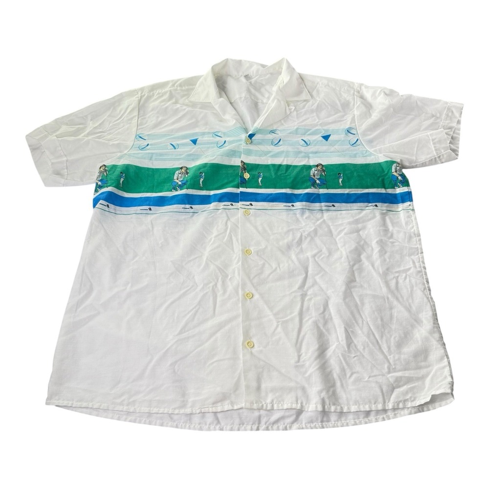 Vintage 90s Golf Print Camp Collar Button Up Shirt White Men's Size 42 Retro L
